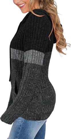 MixShe Women’s Color Block Knit Hoodie – Casual Long Sleeve Pullover Sweater Tops with Pocket in Kuwait