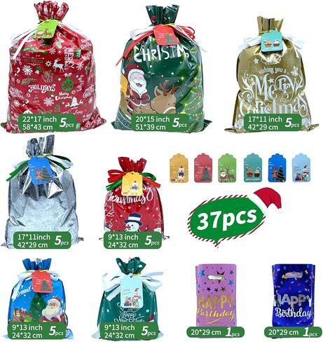 أكياس هدايا Antowin 37pcs مع العلامات ، والأحجام المتنوعة ، وأكياس التغليف هدايا إحباط عيد الميلاد لصالح الحفلات ، وأكياس هدايا عيد الميلاد ، وأكياس قابلة لإعادة الاستخدام in Saudi Arabia