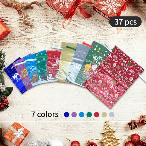 أكياس هدايا Antowin 37pcs مع العلامات ، والأحجام المتنوعة ، وأكياس التغليف هدايا إحباط عيد الميلاد لصالح الحفلات ، وأكياس هدايا عيد الميلاد ، وأكياس قابلة لإعادة الاستخدام in Saudi Arabia