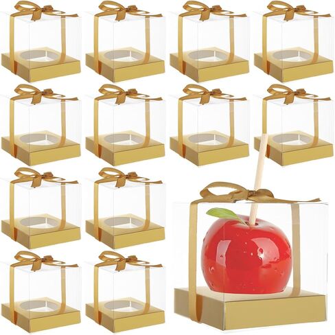 75PCS Candy Apple Boxes with Hole 3.54 Inches Clear Apple Boxes for Treats, Food Grade PET Plastic Favor Boxes with 75 Gold Ribbons and Insert Trays for Standard Caramel Apples, Chocolates, Treats in Saudi Arabia