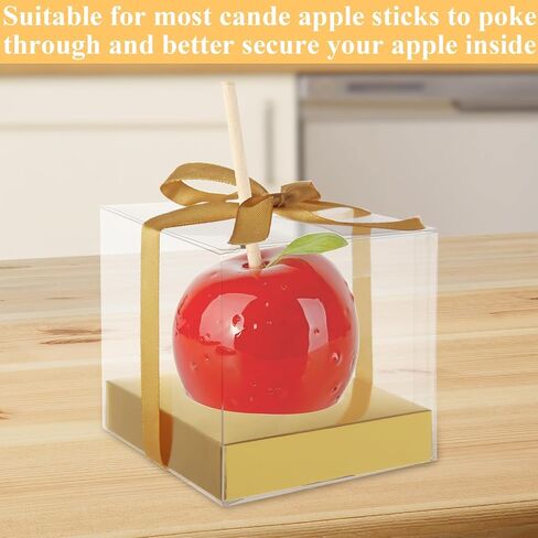 75PCS Candy Apple Boxes with Hole 3.54 Inches Clear Apple Boxes for Treats, Food Grade PET Plastic Favor Boxes with 75 Gold Ribbons and Insert Trays for Standard Caramel Apples, Chocolates, Treats in Saudi Arabia