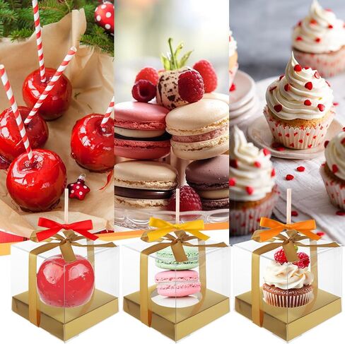 75PCS Candy Apple Boxes with Hole 3.54 Inches Clear Apple Boxes for Treats, Food Grade PET Plastic Favor Boxes with 75 Gold Ribbons and Insert Trays for Standard Caramel Apples, Chocolates, Treats in Saudi Arabia