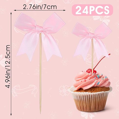 24 Pack Bow Cupcake Toppers, Bow Cupcake Toppers Pink for Weddings/Baby Showers/Bachelorette Parties, Baby Shower Cupcakes Decorations in Saudi Arabia