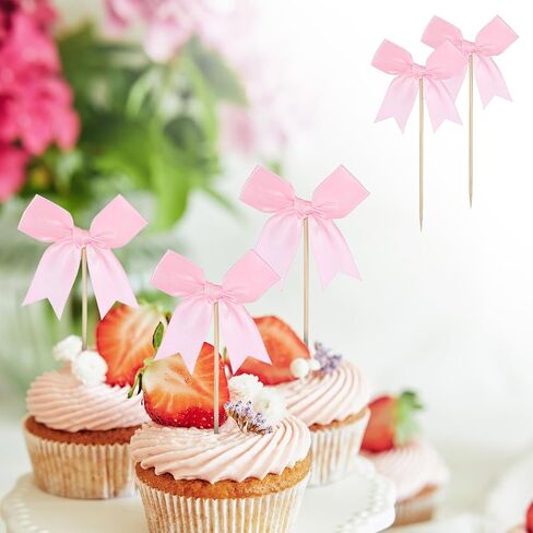 24 Pack Bow Cupcake Toppers, Bow Cupcake Toppers Pink for Weddings/Baby Showers/Bachelorette Parties, Baby Shower Cupcakes Decorations in Saudi Arabia