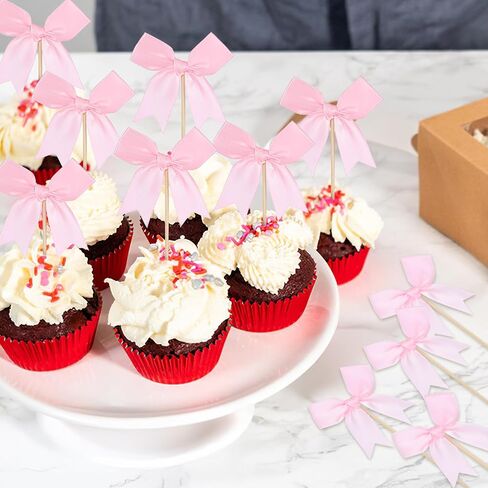 24 Pack Bow Cupcake Toppers, Bow Cupcake Toppers Pink for Weddings/Baby Showers/Bachelorette Parties, Baby Shower Cupcakes Decorations in Saudi Arabia