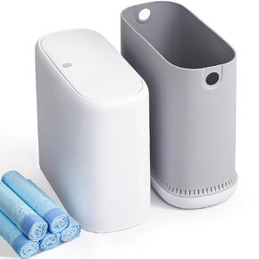 Slim Bathroom Trash Can with Lid - Pop Up & Air-Press Bag Expander - 3 Gallon Small Garbage Can for Bedroom, Dorm, Office(Bin: White | Includes 5 Rolls (75 Bags)) in Saudi Arabia