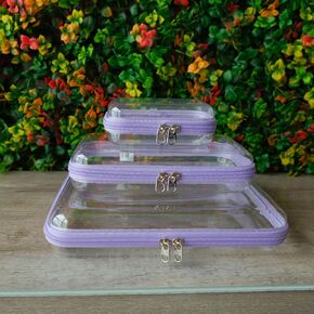3-Piece Hard Sided Clear Zipper Case for Storage - Plastic Clear Zipper Pencil Case, Toiletry Pouch, Travel Organizer, Cosmetic Bag, Toy Storage Bins (Lilac 3 Pack - 1 S, 1 M,1 L) in Saudi Arabia
