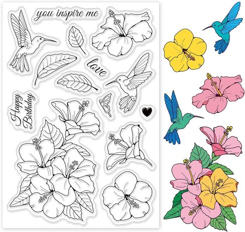 INFUNLY Hibiscus Clear Stamps for Card Making Transparent Silicone Stamps Hummingbird Rubber Stamps Flower Seal for DIY Scrapbooking Album Crafts Decoration in Saudi Arabia