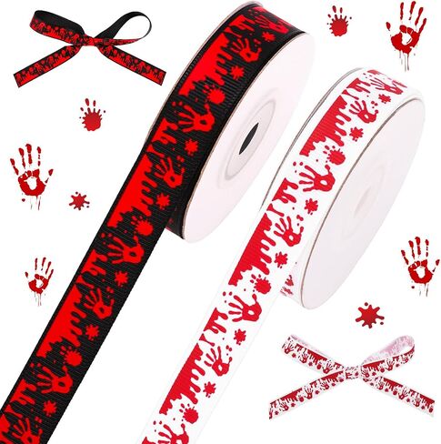 Whaline 2 Rolls Halloween Handprint Handprint Grosgrain Ribbons White Black Drocary Fabron Craft Ribbon for Wreath Bow Gift Decor in Saudi Arabia