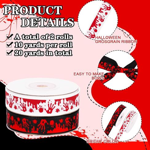 Whaline 2 Rolls Halloween Handprint Handprint Grosgrain Ribbons White Black Drocary Fabron Craft Ribbon for Wreath Bow Gift Decor in Saudi Arabia