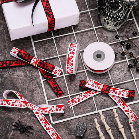 Whaline 2 Rolls Halloween Handprint Handprint Grosgrain Ribbons White Black Drocary Fabron Craft Ribbon for Wreath Bow Gift Decor in Saudi Arabia