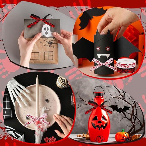 Whaline 2 Rolls Halloween Handprint Handprint Grosgrain Ribbons White Black Drocary Fabron Craft Ribbon for Wreath Bow Gift Decor in Saudi Arabia