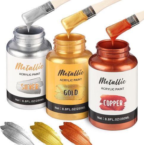 Acrylic Metallic Paint, 3 Colors 26.4oz(750ml) Gold & Silver & Bronze,Gold Leaf Paint for Art Painting, Hand-crafts, Non-Toxic, Non-Fading Ideal for Canvas, Wood, Fabric, Ceramic, Stone, Craft Supplies in Kuwait