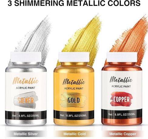Acrylic Metallic Paint, 3 Colors 26.4oz(750ml) Gold & Silver & Bronze,Gold Leaf Paint for Art Painting, Hand-crafts, Non-Toxic, Non-Fading Ideal for Canvas, Wood, Fabric, Ceramic, Stone, Craft Supplies in Kuwait
