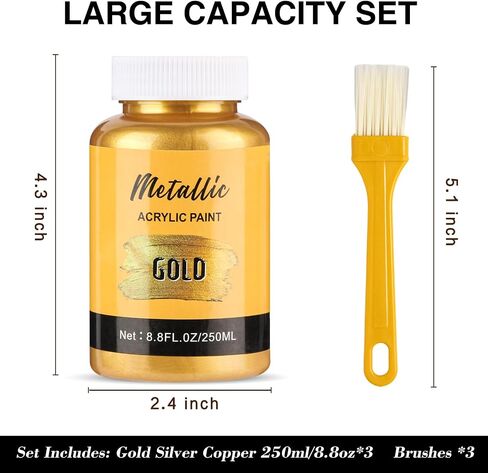 Acrylic Metallic Paint, 3 Colors 26.4oz(750ml) Gold & Silver & Bronze,Gold Leaf Paint for Art Painting, Hand-crafts, Non-Toxic, Non-Fading Ideal for Canvas, Wood, Fabric, Ceramic, Stone, Craft Supplies in Kuwait