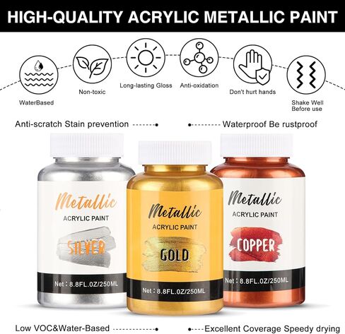 Acrylic Metallic Paint, 3 Colors 26.4oz(750ml) Gold & Silver & Bronze,Gold Leaf Paint for Art Painting, Hand-crafts, Non-Toxic, Non-Fading Ideal for Canvas, Wood, Fabric, Ceramic, Stone, Craft Supplies in Kuwait