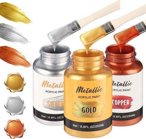 Acrylic Metallic Paint, 3 Colors 26.4oz(750ml) Gold & Silver & Bronze,Gold Leaf Paint for Art Painting, Hand-crafts, Non-Toxic, Non-Fading Ideal for Canvas, Wood, Fabric, Ceramic, Stone, Craft Supplies in Kuwait