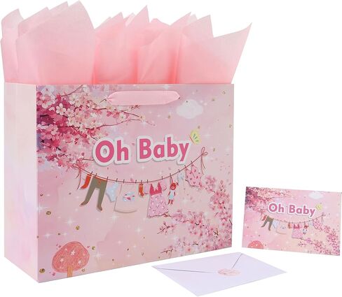 13" Large Gift Bag Set with Handles, Greeting Card, Pink Tissue Papers and Stickers for Girls New Baby Girl, Baby Shower, Oh Baby Clothesline Design, 1 Pcs in Saudi Arabia