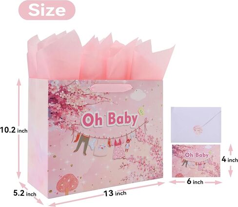 13" Large Gift Bag Set with Handles, Greeting Card, Pink Tissue Papers and Stickers for Girls New Baby Girl, Baby Shower, Oh Baby Clothesline Design, 1 Pcs in Saudi Arabia
