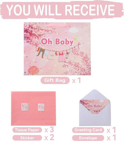 13" Large Gift Bag Set with Handles, Greeting Card, Pink Tissue Papers and Stickers for Girls New Baby Girl, Baby Shower, Oh Baby Clothesline Design, 1 Pcs in Saudi Arabia