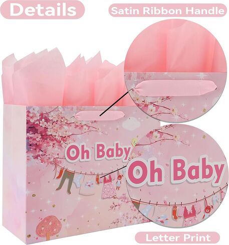 13" Large Gift Bag Set with Handles, Greeting Card, Pink Tissue Papers and Stickers for Girls New Baby Girl, Baby Shower, Oh Baby Clothesline Design, 1 Pcs in Saudi Arabia