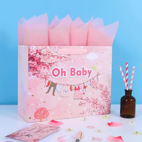13" Large Gift Bag Set with Handles, Greeting Card, Pink Tissue Papers and Stickers for Girls New Baby Girl, Baby Shower, Oh Baby Clothesline Design, 1 Pcs in Saudi Arabia