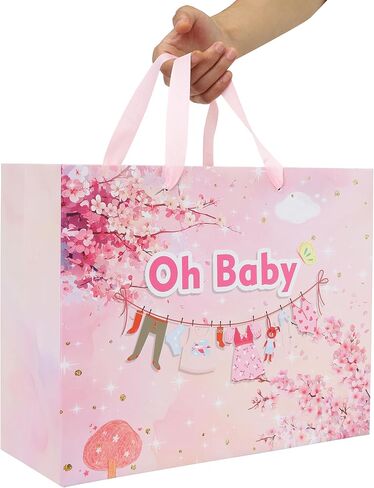 13" Large Gift Bag Set with Handles, Greeting Card, Pink Tissue Papers and Stickers for Girls New Baby Girl, Baby Shower, Oh Baby Clothesline Design, 1 Pcs in Saudi Arabia