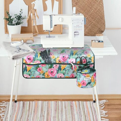 حصيرة آلة الخياطة للجدول مع جيوب الجيوب غير المنقولة لآلة الخياطة وسادة الأزهار تقليل الاهتزاز تخزين الملحقات الخياطة منظم للإمدادات خياطة اللحف (الأزهار الخضراء) in Kuwait