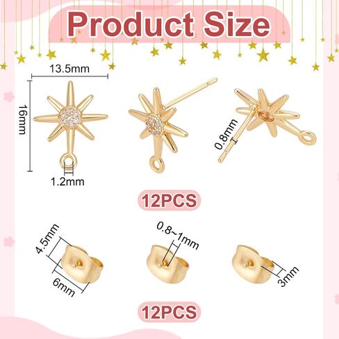 UniCraftale real 18k من الذهب مطلي بالنجمة ذات الأذن الذهبية للنجوم الذهبية أذني أذني المعادن متدلى بالدراسة مع أكور مع صواميل الأذن من الفولاذ المقاوم للصدأ وحلقات لتصنيع مجوهرات دانج دانج. in Saudi Arabia
