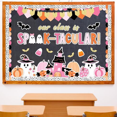 98 PCS Halloween Ghost Bulletin Decorations Halloween Classroom Decoration Pink Cute Boo Pumpkin Bat Castle Castle مع 150 PCS Glue Points for School Library Wall Decor in Saudi Arabia
