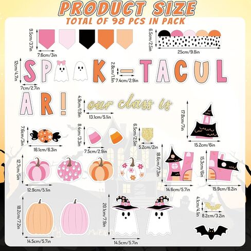 98 PCS Halloween Ghost Bulletin Decorations Halloween Classroom Decoration Pink Cute Boo Pumpkin Bat Castle Castle مع 150 PCS Glue Points for School Library Wall Decor in Saudi Arabia
