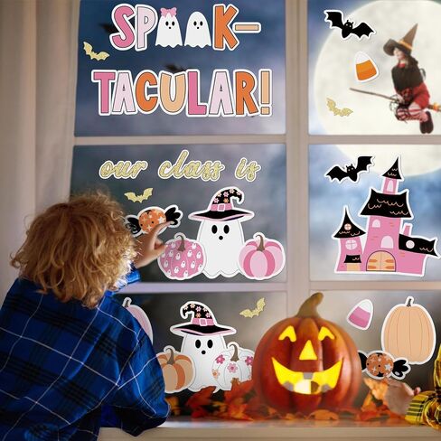 98 PCS Halloween Ghost Bulletin Decorations Halloween Classroom Decoration Pink Cute Boo Pumpkin Bat Castle Castle مع 150 PCS Glue Points for School Library Wall Decor in Saudi Arabia