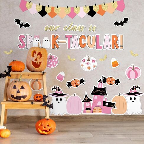 98 PCS Halloween Ghost Bulletin Decorations Halloween Classroom Decoration Pink Cute Boo Pumpkin Bat Castle Castle مع 150 PCS Glue Points for School Library Wall Decor in Saudi Arabia