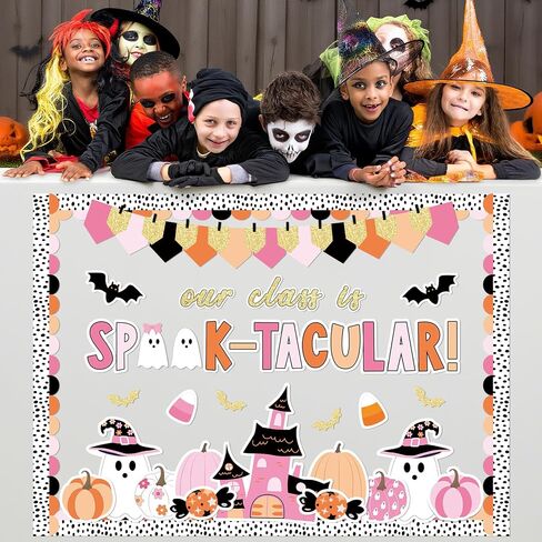 98 PCS Halloween Ghost Bulletin Decorations Halloween Classroom Decoration Pink Cute Boo Pumpkin Bat Castle Castle مع 150 PCS Glue Points for School Library Wall Decor in Saudi Arabia