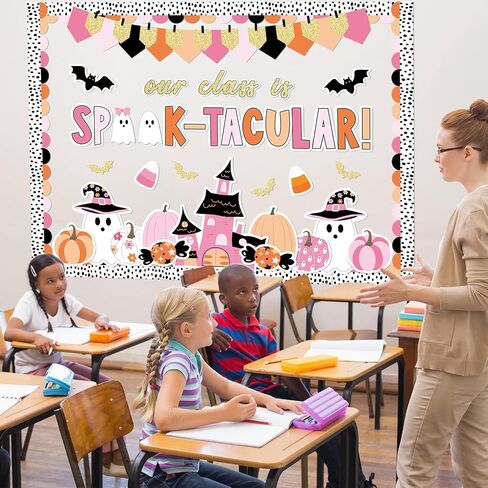 98 PCS Halloween Ghost Bulletin Decorations Halloween Classroom Decoration Pink Cute Boo Pumpkin Bat Castle Castle مع 150 PCS Glue Points for School Library Wall Decor in Saudi Arabia