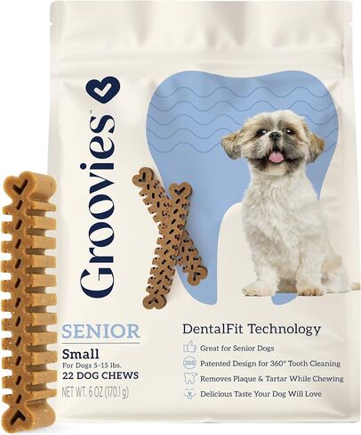 Groovies Slightly Softer, Yet Flexible Dental Chew for Senior Dogs & Delicate Chewers. Powered by USA-Patented DentalFit Tech. No Added Gluten, No Artificial Flavors or Colors. 6oz Small (22Chews) in Saudi Arabia
