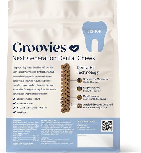 Groovies Slightly Softer, Yet Flexible Dental Chew for Senior Dogs & Delicate Chewers. Powered by USA-Patented DentalFit Tech. No Added Gluten, No Artificial Flavors or Colors. 6oz Small (22Chews) in Saudi Arabia