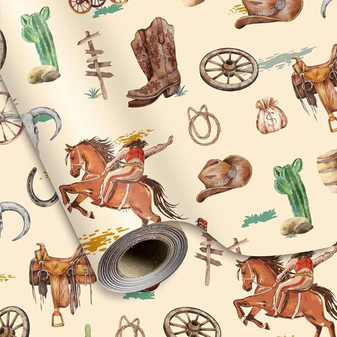 Jarthenaamcs Western Cowboy Wrapping ورقة - Mini Roll- 17in × 32.8 قدمًا بيجًا بني رعاة البقر قبعة القبعة الحصان هدية غلاف ورقة مائية للألوان المائية لطفلة in Saudi Arabia