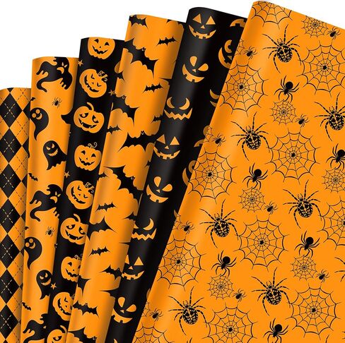 Whowaf 12 Sheets Walloween Paper ، Black Orange الهالوين هدايا الالتفاف للورق من أجل تعبئة هدايا الحفلات ، الخفافيش العنكبوت. in Saudi Arabia