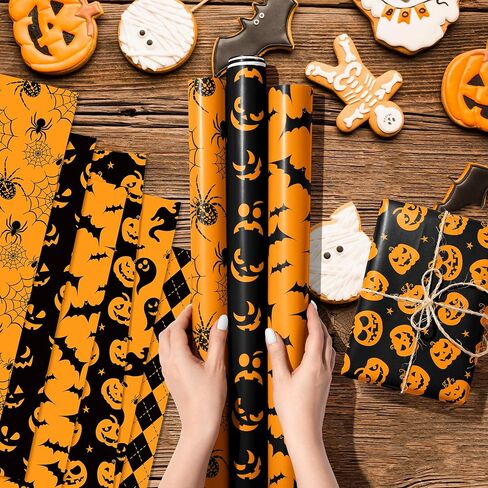 Whowaf 12 Sheets Walloween Paper ، Black Orange الهالوين هدايا الالتفاف للورق من أجل تعبئة هدايا الحفلات ، الخفافيش العنكبوت. in Saudi Arabia