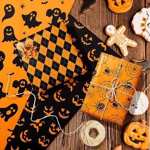Whowaf 12 Sheets Walloween Paper ، Black Orange الهالوين هدايا الالتفاف للورق من أجل تعبئة هدايا الحفلات ، الخفافيش العنكبوت. in Saudi Arabia