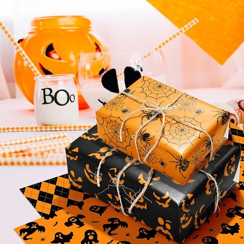 Whowaf 12 Sheets Walloween Paper ، Black Orange الهالوين هدايا الالتفاف للورق من أجل تعبئة هدايا الحفلات ، الخفافيش العنكبوت. in Saudi Arabia