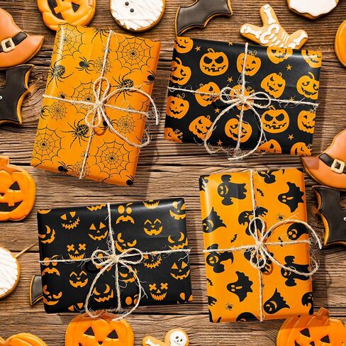 Whowaf 12 Sheets Walloween Paper ، Black Orange الهالوين هدايا الالتفاف للورق من أجل تعبئة هدايا الحفلات ، الخفافيش العنكبوت. in Saudi Arabia