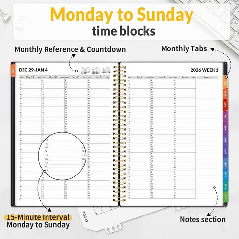 SUNEE 2026 Appointment Planner 15-Minute Time Block – Weekly & Monthly Spiral Organizer with Note Section – Thick Paper, Lay-Flat Bound – 8.5 x 11 for Office, School, Salon, Men & Women, Black in Saudi Arabia