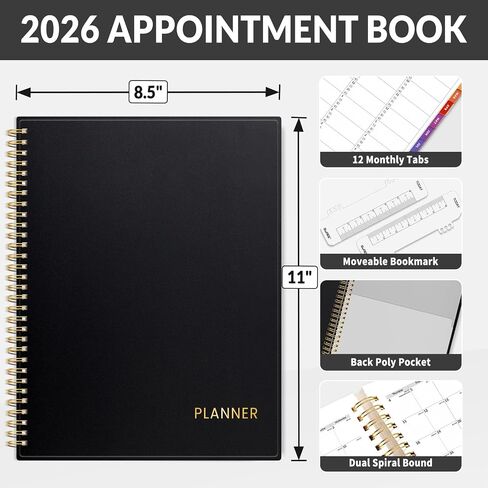 SUNEE 2026 Appointment Planner 15-Minute Time Block – Weekly & Monthly Spiral Organizer with Note Section – Thick Paper, Lay-Flat Bound – 8.5 x 11 for Office, School, Salon, Men & Women, Black in Saudi Arabia