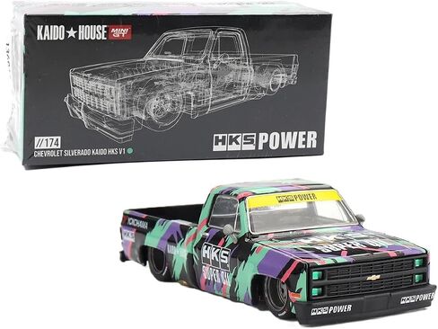1:64 Diecast Model Car متوافق مع Chevy Silverado Kaido HKS V1 Limited Edition بواسطة Kaido House X Mini GT KHMG174 in Kuwait