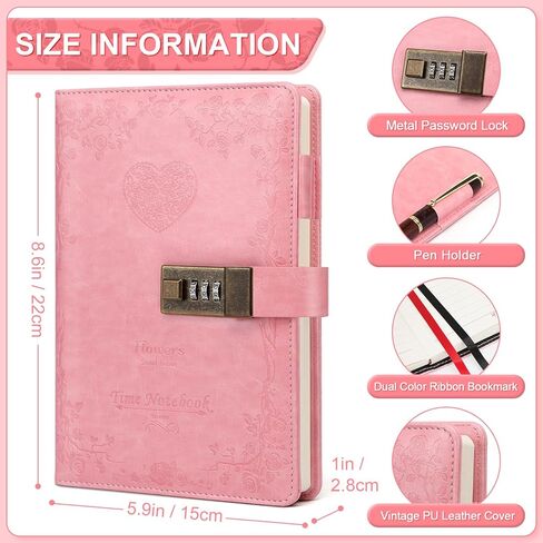 Toplive Diary with Lock, A5 Locking Vintage PU Leather Journal Notebook for Women Men Journal with Lock, Refillable Girls Password Diary with Retro Rose Pattern, Wine Red in Kuwait