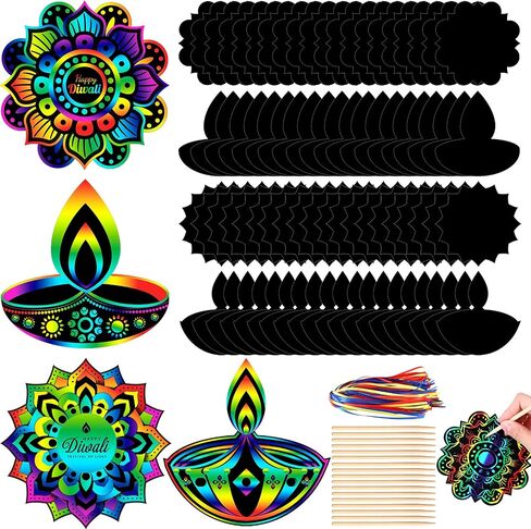 Arrowbash 80 Pcs Diwali Scratch Cards Rainbow Rangoli Mandala Scratch Paper Pads with Wooden Stylus for Indian Deepavali Decors Hanging Ornaments DIY Arts Craft Party Favors Kits in Saudi Arabia