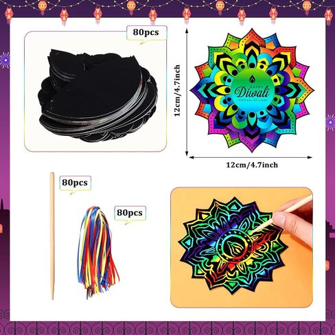 Arrowbash 80 Pcs Diwali Scratch Cards Rainbow Rangoli Mandala Scratch Paper Pads with Wooden Stylus for Indian Deepavali Decors Hanging Ornaments DIY Arts Craft Party Favors Kits in Saudi Arabia