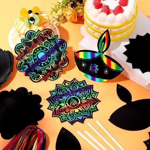 Arrowbash 80 Pcs Diwali Scratch Cards Rainbow Rangoli Mandala Scratch Paper Pads with Wooden Stylus for Indian Deepavali Decors Hanging Ornaments DIY Arts Craft Party Favors Kits in Saudi Arabia